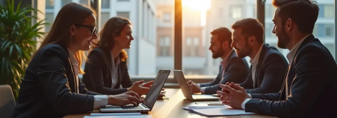 Photo réaliste d'une réunion professionnelle avec des dirigeants de PME et un cabinet de recrutement et conseil RH, ambiance chaleureuse et productive, éclairage cinématographique naturel avec bokeh en arrière-plan