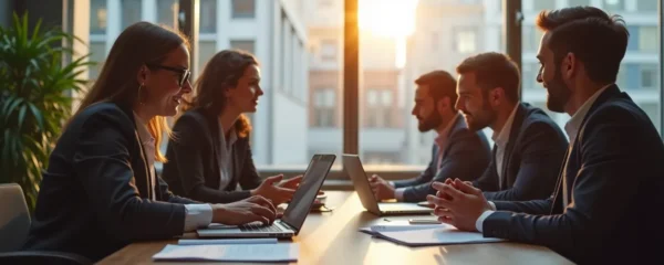 Photo réaliste d'une réunion professionnelle avec des dirigeants de PME et un cabinet de recrutement et conseil RH, ambiance chaleureuse et productive, éclairage cinématographique naturel avec bokeh en arrière-plan