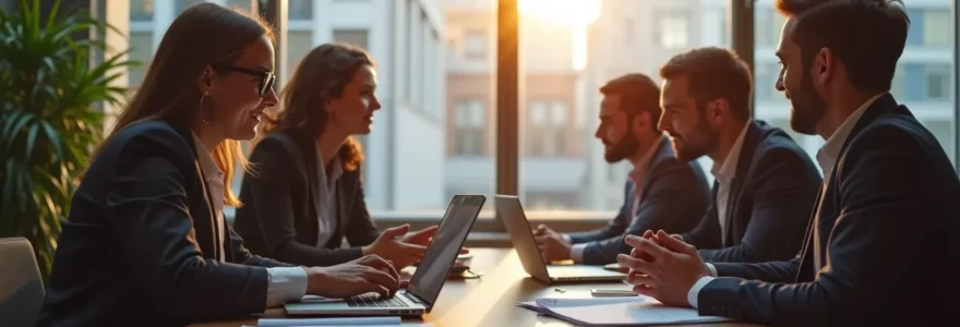Photo réaliste d'une réunion professionnelle avec des dirigeants de PME et un cabinet de recrutement et conseil RH, ambiance chaleureuse et productive, éclairage cinématographique naturel avec bokeh en arrière-plan