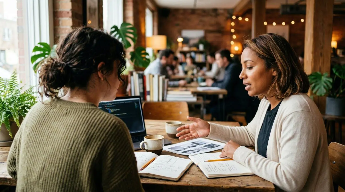 Deux professionnels en discussion dans un espace coworking chaleureux, vue par-dessus l'épaule, arrière-plan flouté