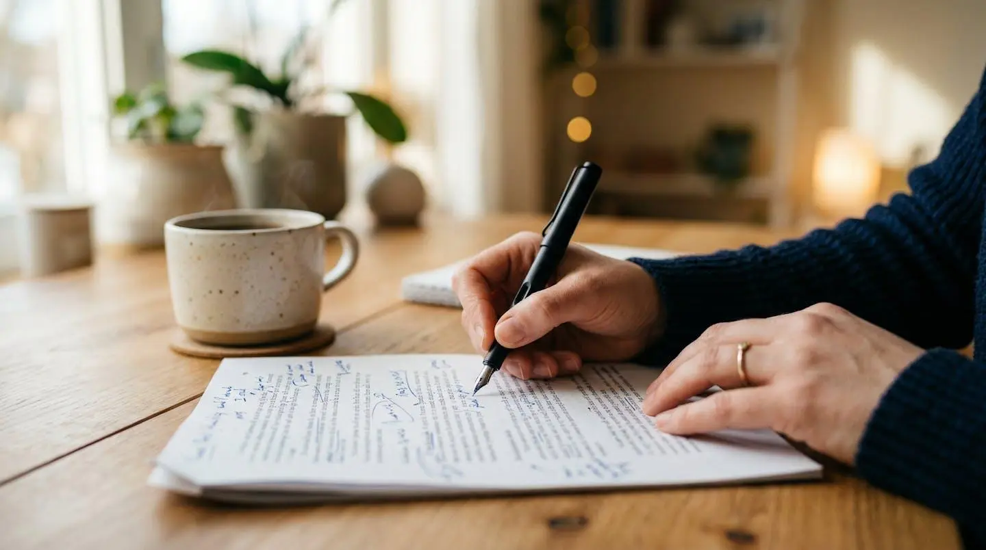 Mains d'un professionnel annotant un document avec un stylo sur un bureau épuré, tasse de café visible en arrière-plan flouté