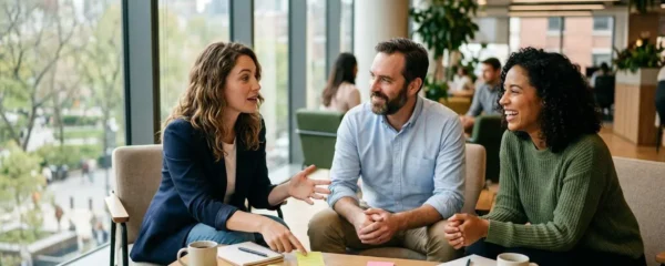 Trois professionnels discutent autour d'une table dans un espace de travail lumineux avec des post-it colorés, vue de trois-quarts
