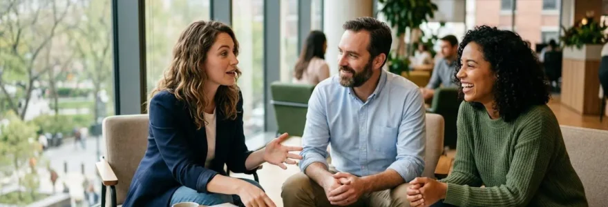 Trois professionnels discutent autour d'une table dans un espace de travail lumineux avec des post-it colorés, vue de trois-quarts